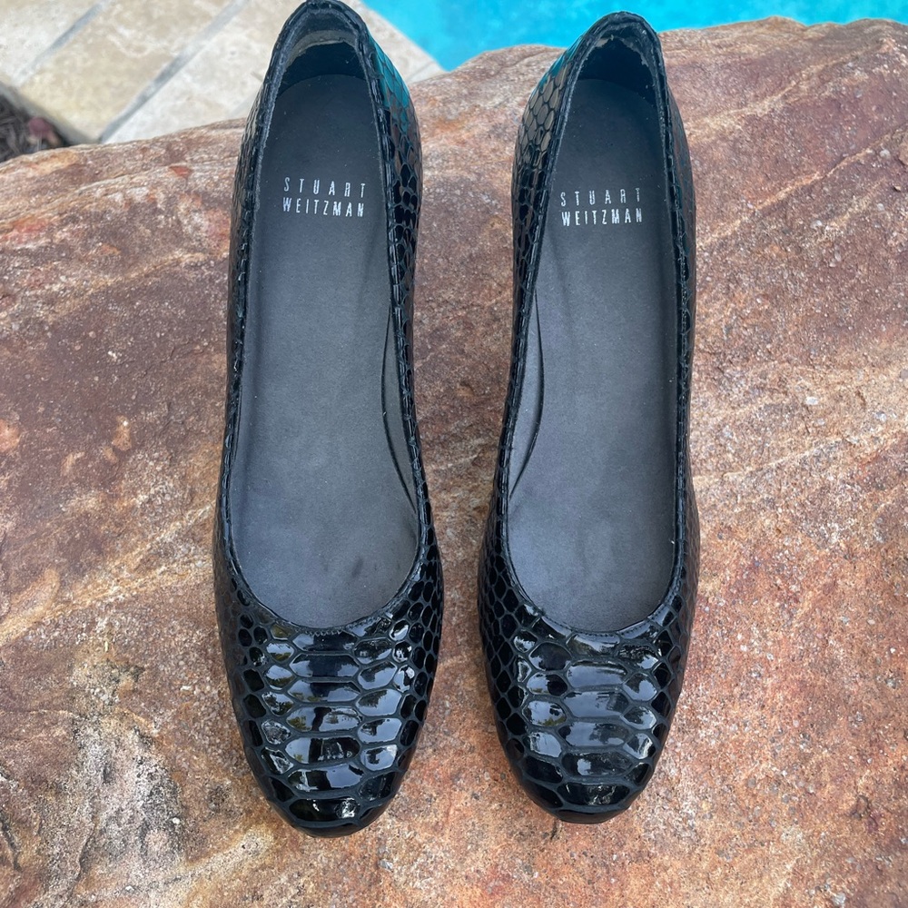 Stuart Weitzman Black Patent Snake Print Platform Heels
